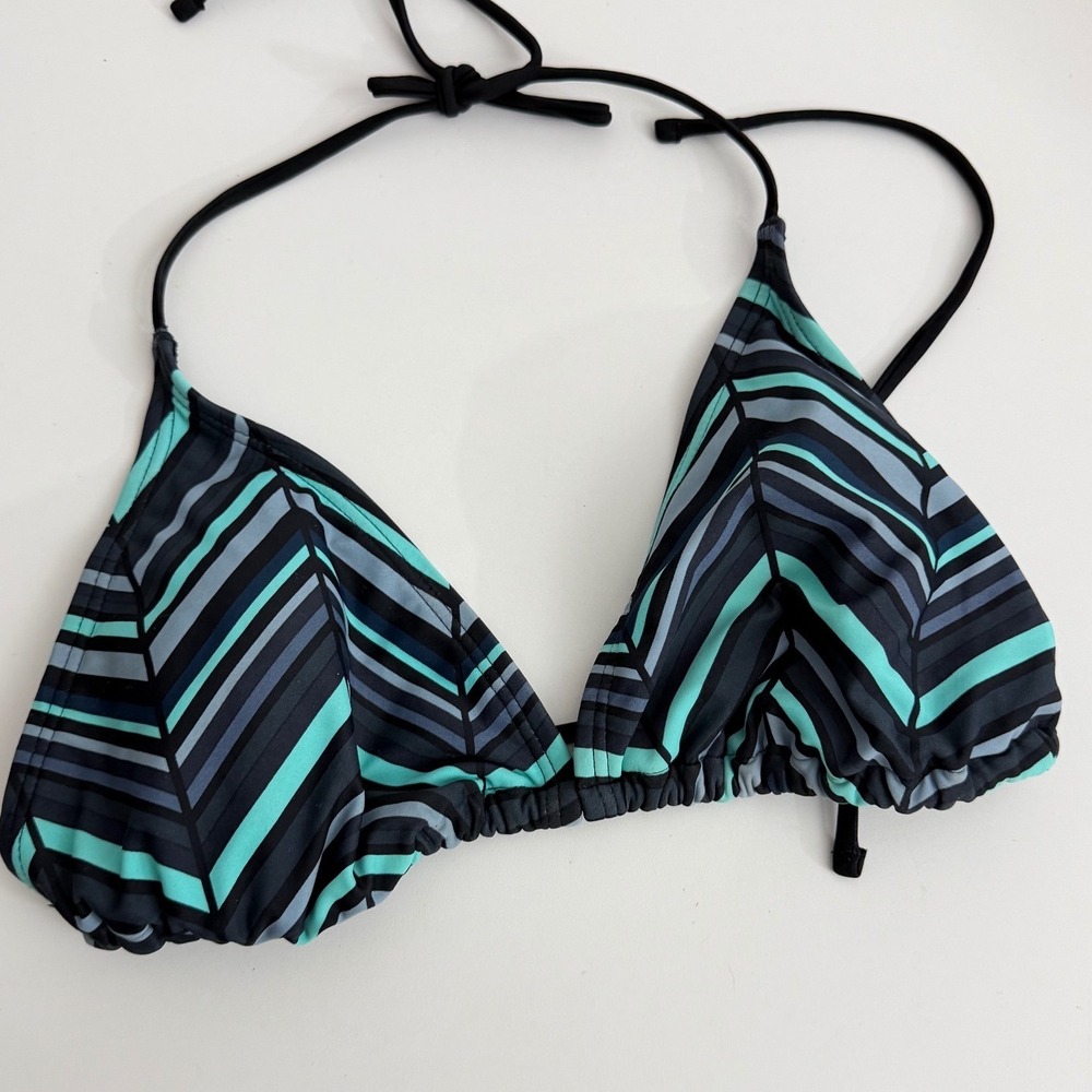 Mossimo Womens XL Triangle Bikini Top Teal Aqua Grey Striped Halter Swimwear